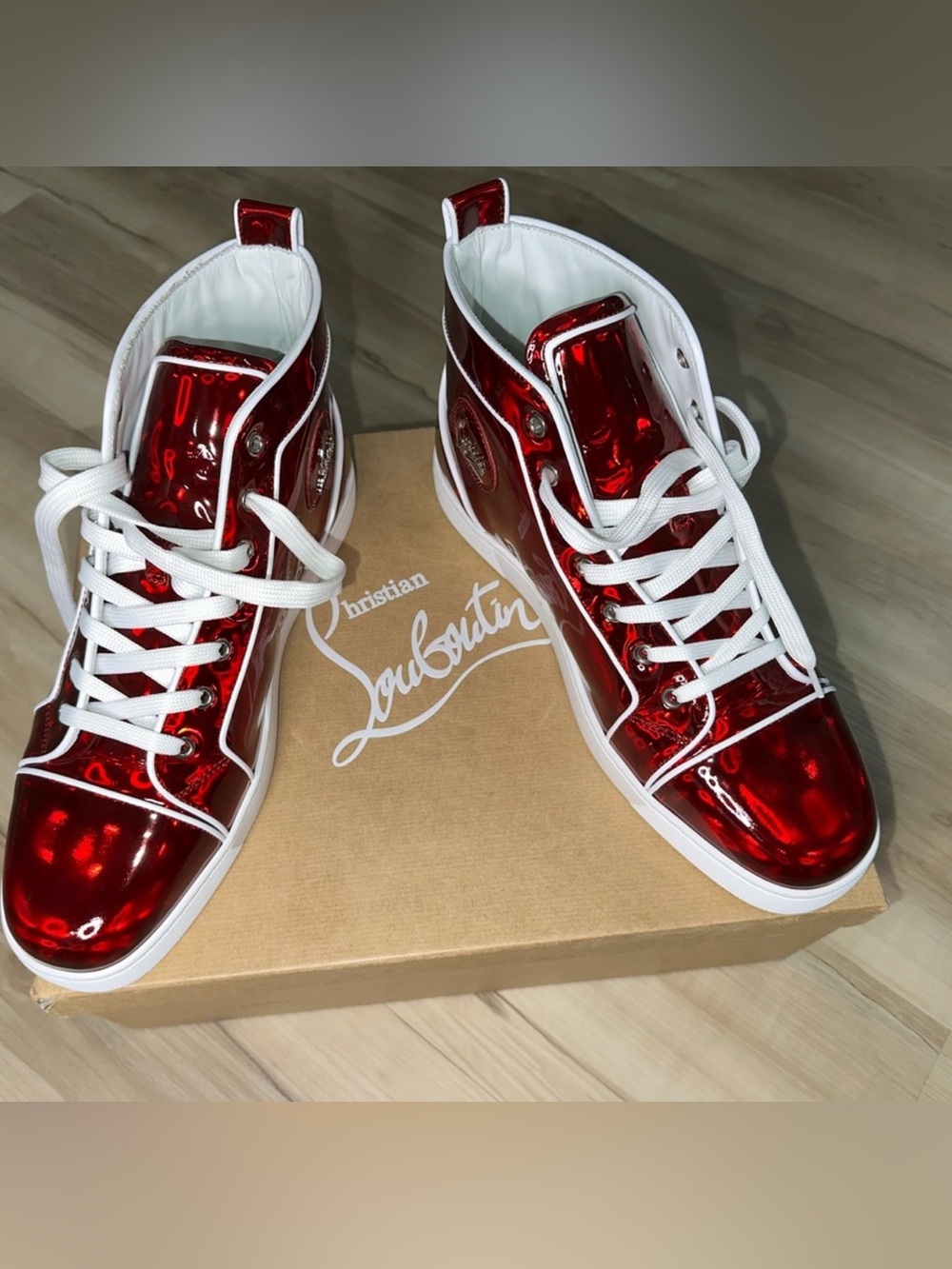Men Christian Louboutin Red Patent High-Top Sneakers with White Trim